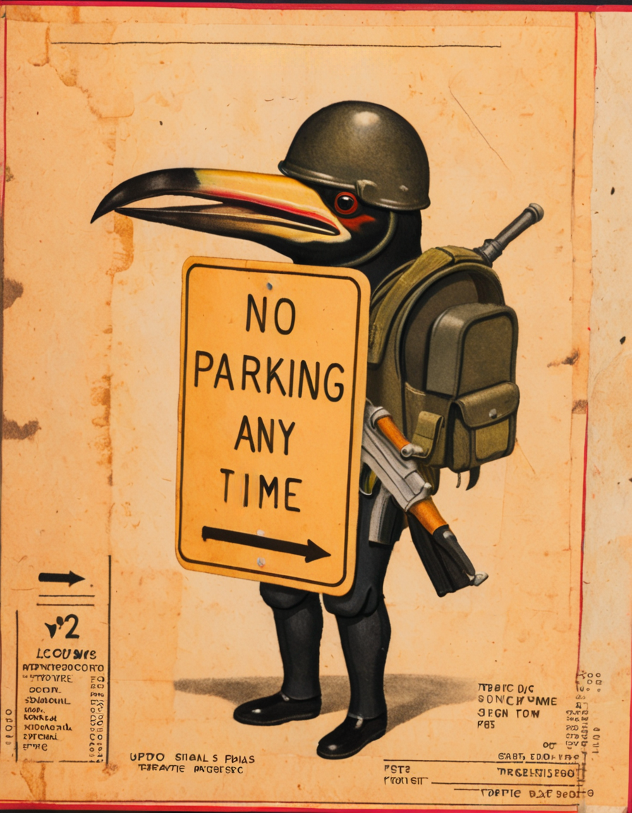 <lora:rvaz:0.8>rvaz, a tucan with a soldiers helmet machine gun and knife holding a sign that says "no parking any time" with an arrow on it,