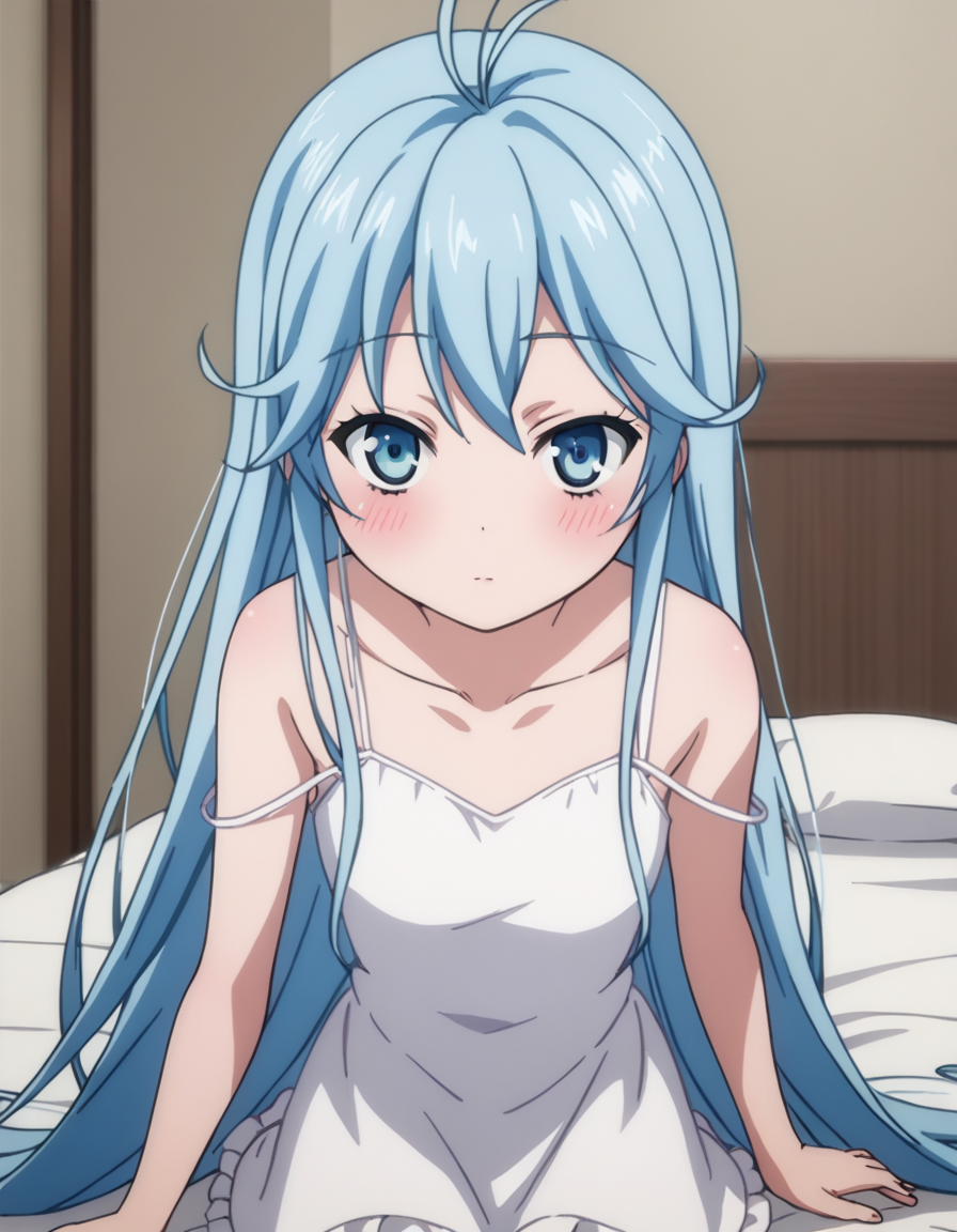 score_9, score_8_up, score_7_up, source_anime,
eriotouwa, <lora:erio-touwa-s1-ponyxl-lora-nochekaiser:1>,
erio touwa, long hair, blue eyes, very long hair, blue hair, ahoge, antenna hair,
dress, bare shoulders, white dress, frills, collarbone, frilled skirt, spaghetti strap,
indoors, bed, bed room, on side, blush, drunk,
looking at viewer, cowboy shot, dutch angle, solo,