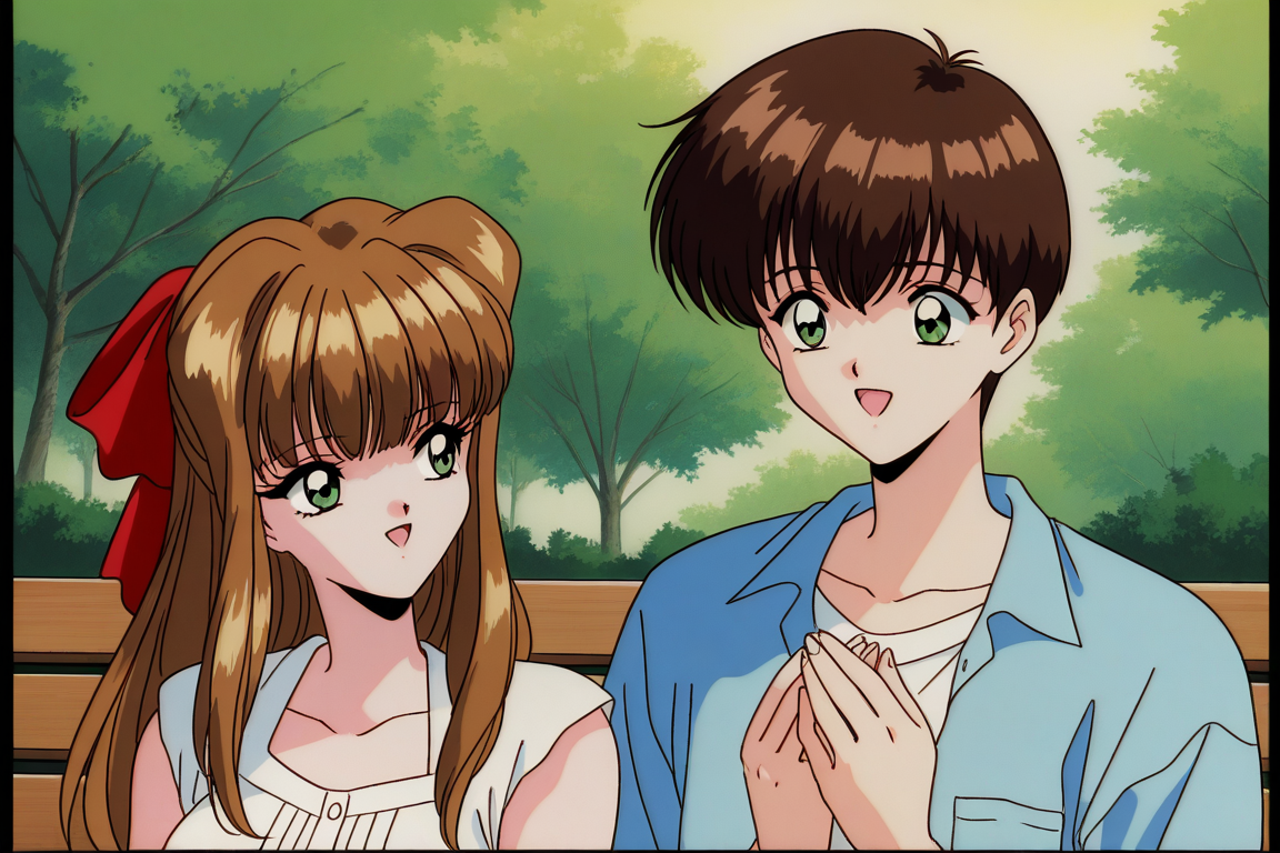 general,highres, ultra-detailed,very aesthetic,best quality ,best hands,  BREAK <lora:Imouto_SG_IS:1> Imouto_SG, brown hair, long hair, hair bow, green eyes, red bow, bangs, breasts,
 1girl, 1boy, no glasses,  short hair, smile, retro artstyle, pillarboxed, open mouth, brother and sister, 
park, bench,