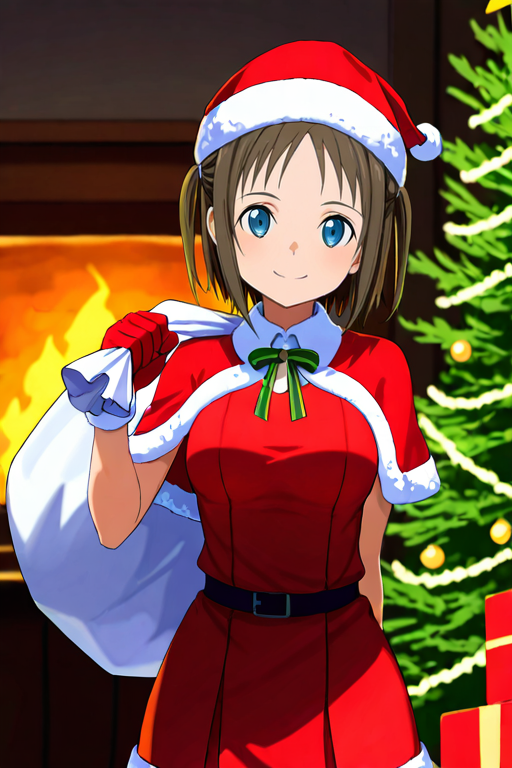 masterpiece, High quality, Ultra detailed, 2d, newest, absurdres, highres, BREAK
1girl, solo, <lora:ronye_arabel:0.8>, ronye_arabel_(sword_art_online), short hair, brown hair, two side up, blue eyes, 
medium breasts, ronyeNd, 
santa costume, santa hat, christmas, sack, merry christmas, gift, fur-trimmed headwear, holding sack, santa dress, fur-trimmed dress, christmas tree, christmas tree, fur trim, red capelet, gift box, red gloves, fur-trimmed capelet, santa gloves, red hat, hat, smile,