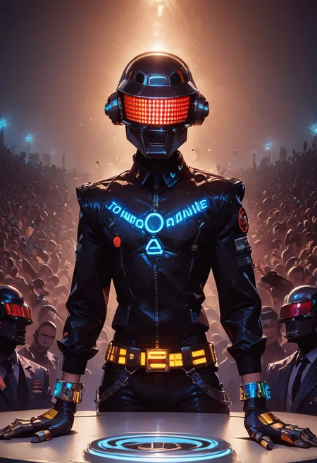 score_9, score_8_up, score_7_up, rave, helmet, skintight bodysuit, dj, Tron, mix table, concert, linear laser light show, crowd, dark tone, bright lasers, edm, edm concert, high energy, edm mix, laser beams, neon light show, highly detailed, intricate, zzCitronLegacy, daft punk, daft punk helmet, 1girl, adult