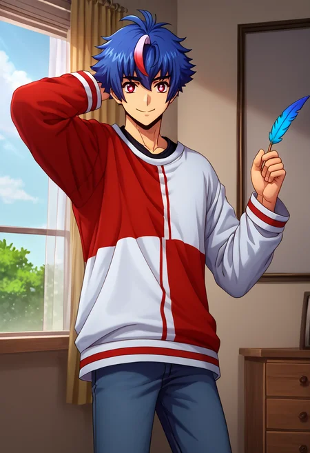 zPDXL2,source_anime,rating_safe,akina myodo,1boy,male focus,solo,smile,red-white shirt,(feathers,holding feather:1.2),(arm up:0.7),pants,(jeans:0.5),black shirt,<lora:Akina_Myodo_V1_2-000008:1>,