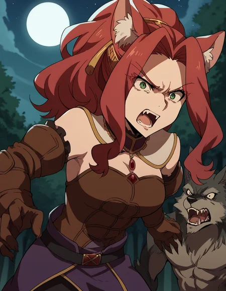 score_9, score_8_up, score_7_up, source_anime, <lora:malty-melromarc-s1s2s3-ponyxl-lora-nochekaiser:1>, malty melromarc, long hair, green eyes, red hair, parted bangs, ponytail, medium breasts, <lora:werewolf-ponyxl-lora-nochekaiser:1>, werewolf, furry, fangs, animal ears, gloves, angry, teeth, animal ear fluff,, forest, night, moon, open mouth, , dutch angle, cowboy shot