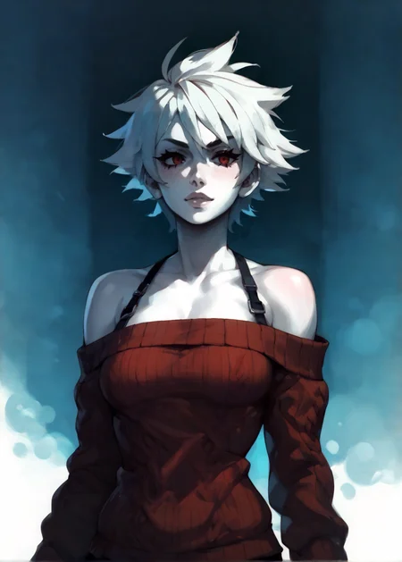 white skins, spiky red short tomboy hair, neutral expression, tight sweater, <lora:NAHIRI:1> nahiri, 1girl, solo, short hair, breasts, bare shoulders, white hair, colored skin, <lora:RD-MAnon-XLV1.1:1> female,, source_anime, score_9_up, score_7_up, score_8_up