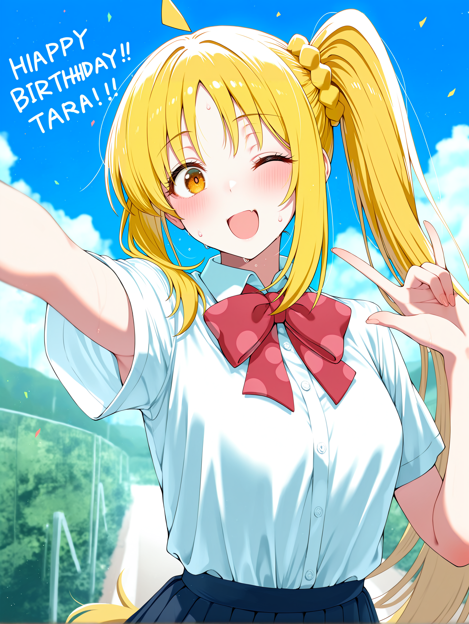 masterpiece, best quality, absurdres, amazing quality <lora:cfg_scale_boost:0.3> <lora:StS-Illustrious-Detail-Slider-v1.0:3> <lora:StS_Age_Slider_Illustrious_v1:3>,detailed_background,outdoors,brown eyes,blonde hair,ahoge,outstretched arm,bow,;d,side ponytail,long hair,smile,sidelocks,\m/,short sleeves,skirt,blush,upper body,absurdres,bocchi the rock!,blue skirt,one eye closed,school uniform,1girl,happy birthday,dot nose,zungurimukkuri tarou,open mouth,ijichi nijika,red bow,shimokitazawa high school uniform,solo,red bowtie,highres,pleated skirt,white shirt,shirt,bowtie,collared shirt,looking at viewer