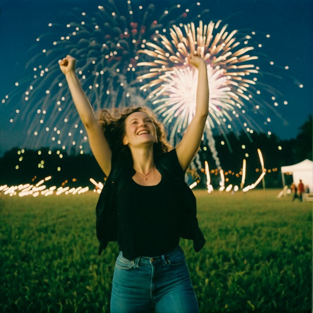 (film photography style:1.5) a closeup of a woman dancing in a field under a sky of fireworks, medium grain  <lora:SDXL_FILM_PHOTOGRAPHY_STYLE_V1:.8>