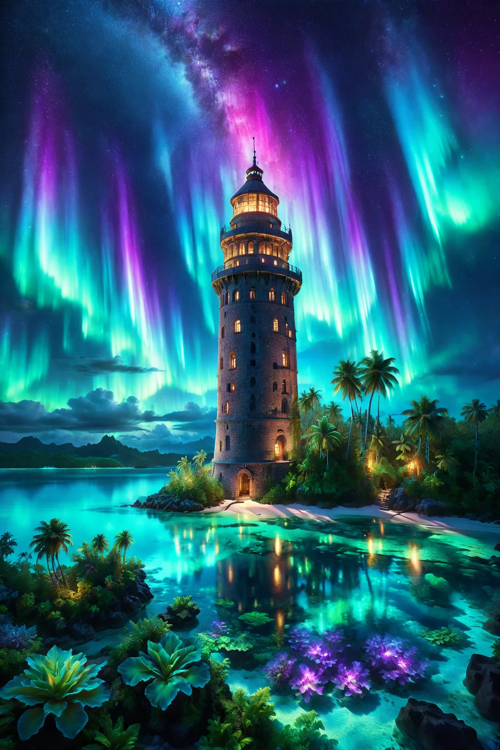 old tower with glowing windows, morph-aurora, tropical lagoon with clear waters, detailed background, best quality, vibrant colors, realistic style, high detail, hyper-realistic, highres, 4K resolution, realistic photo, masterpiece, ultra-detailed, aurora hues, vibrant greens and purples, ethereal glow, overhead shot, <lora:add-detail-xl:1> <lora:aurora_0_100_V1-000009:0.65>