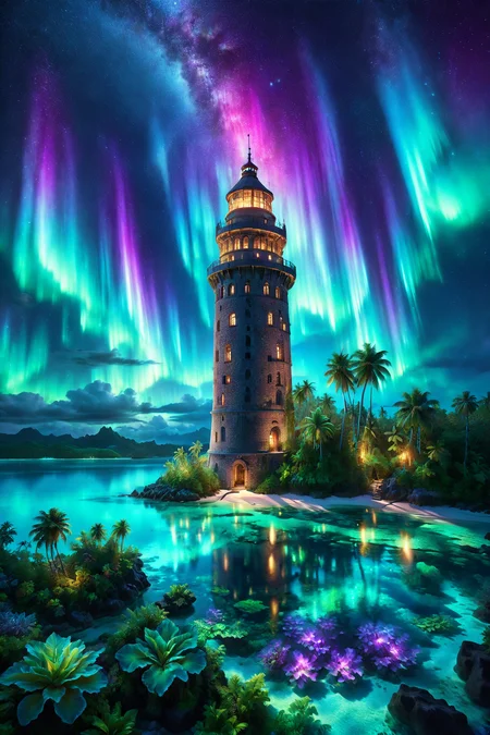 old tower with glowing windows, morph-aurora, tropical lagoon with clear waters, detailed background, best quality, vibrant colors, realistic style, high detail, hyper-realistic, highres, 4K resolution, realistic photo, masterpiece, ultra-detailed, aurora hues, vibrant greens and purples, ethereal glow, overhead shot, <lora:add-detail-xl:1> <lora:aurora_0_100_V1-000009:0.65>