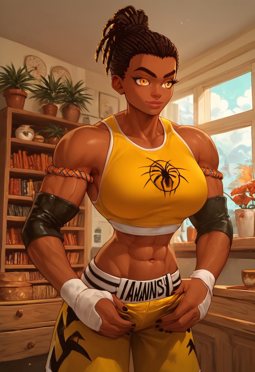 score_9, score_8_up, score_8, score_9_up, DonMC0m1cM4g1cXL, 1girl, solo, Nora Césaire, dark-skinned, amber eye, dreadlocks, braids, ponytail, tank top, shorts, lagging, knee-length black boots, mma gears, hyper muscular, slim waist, wide hips, large breasts, pose, strong