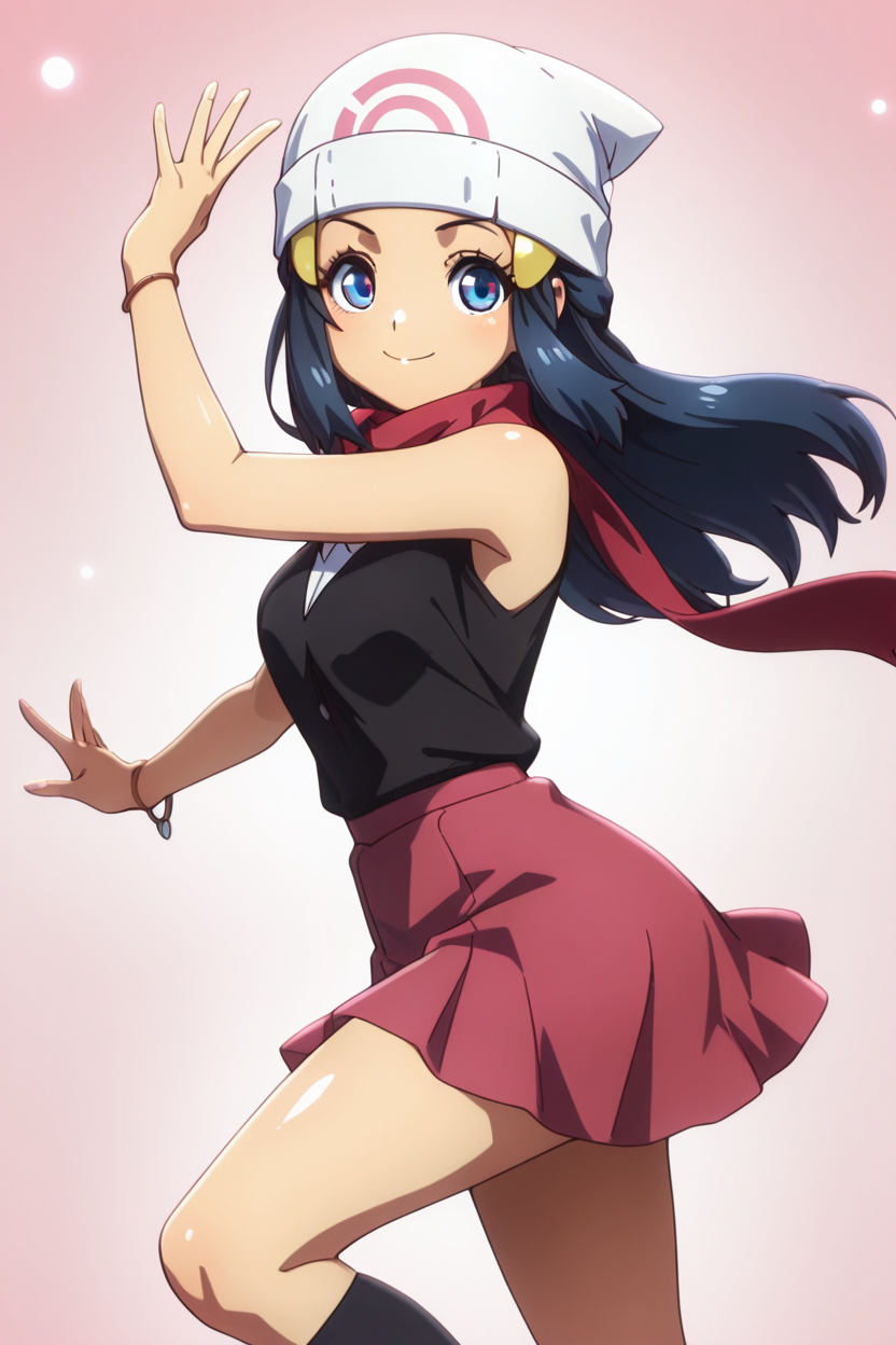 masterpiece, best quality, 1girl, solo, beautiful eyes, zzDawn, blue hair, blue eyes, sidelocks, long hair, bare shoulders, beanie, black shirt, black socks, bracelet, hat, jewelry, kneehighs, miniskirt, pink skirt, red scarf, scarf, shirt, skirt, sleeveless, sleeveless shirt, white headwear,  <lora:DawnPokemonIXL_e07:1.0>  <lora:OkitsuraStyleIXL:1.0>, dynamic pose, cowboy shot, smile, looking at viewer, shiny skin,
