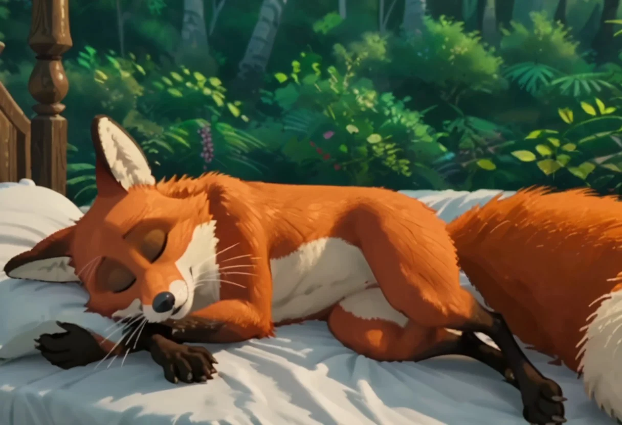 Fink, red fox, Male, furry, bushy long tail, Whiskers, yellow eyes, black pupils, screencap, Fluffy fur,happy Expression on face Expressiveh forest background, (((sleeping))), (((on bed))), bedroom background laying on side, detailed puffy,