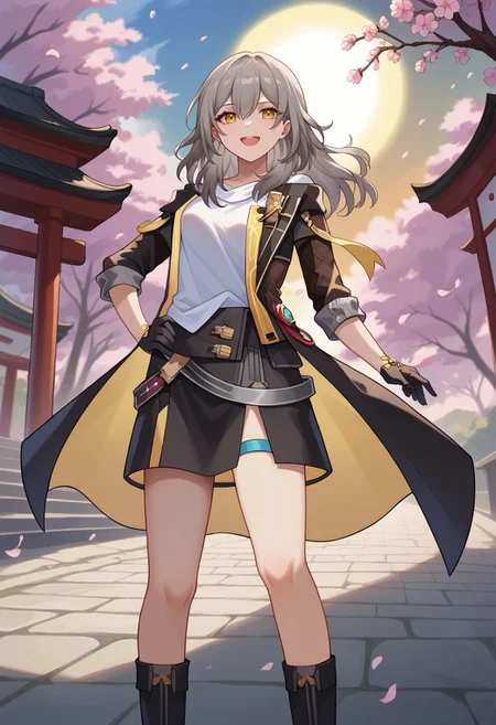 score_9, score_8_up, score_7_up, source_anime, 1girl, stelledef, yellow eyes, grey hair, long hair, hair between eyes, white shirt, black jacket, open clothes, open jacket, long sleeves, black gloves, black skirt, miniskirt, thigh strap, high heel boots, black footwear, standing, smile, open mouth, looking at viewer, outdoors, cherry blossoms, shrine, sun, facing viewer, hand on own hip, <lora:Stelle_v1-10:1>