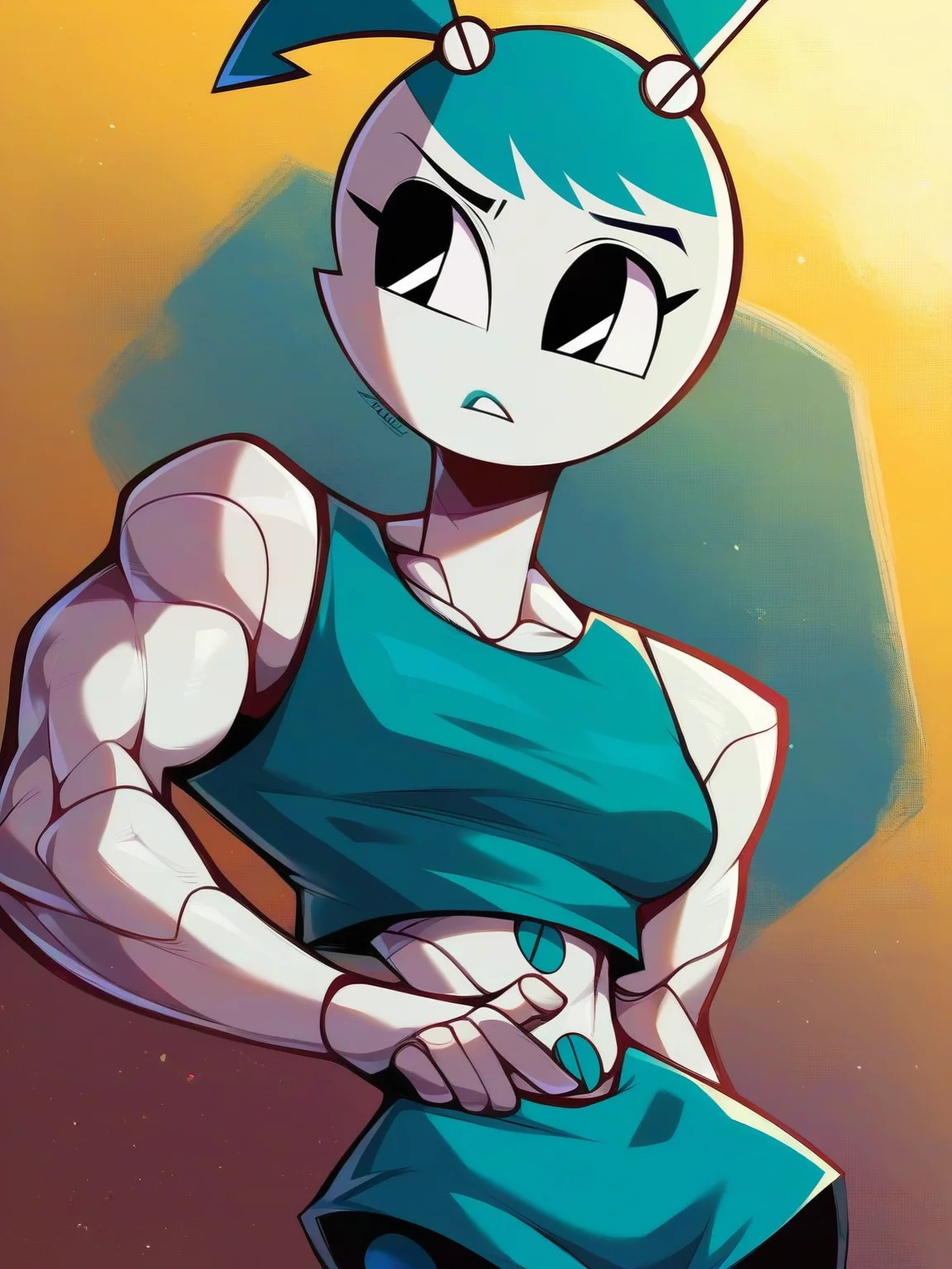 <lora:XJ-9:0.6>, x_j_9, 1girl, robot, blue hair, black eyes, muscular body,, score_9, score_8_up, score_7_up,