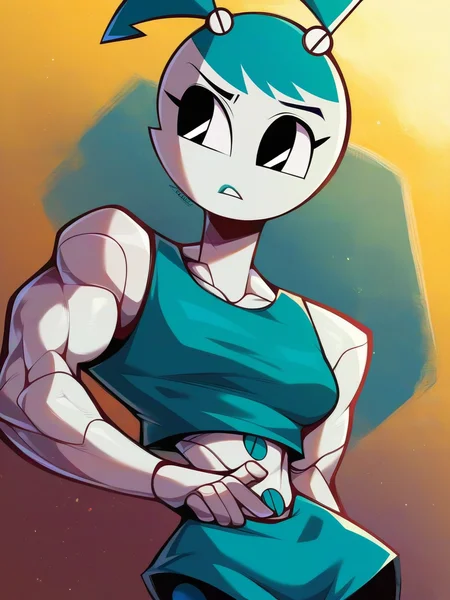 <lora:XJ-9:0.6>, x_j_9, 1girl, robot, blue hair, black eyes, muscular body,, score_9, score_8_up, score_7_up,