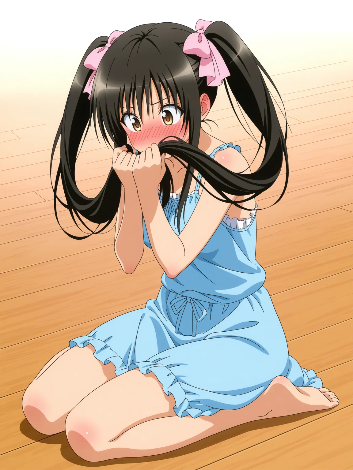 <lora:Kotegawa:1>,kotegawa,full body,twintails,holding hair, hair covers face,flustered,