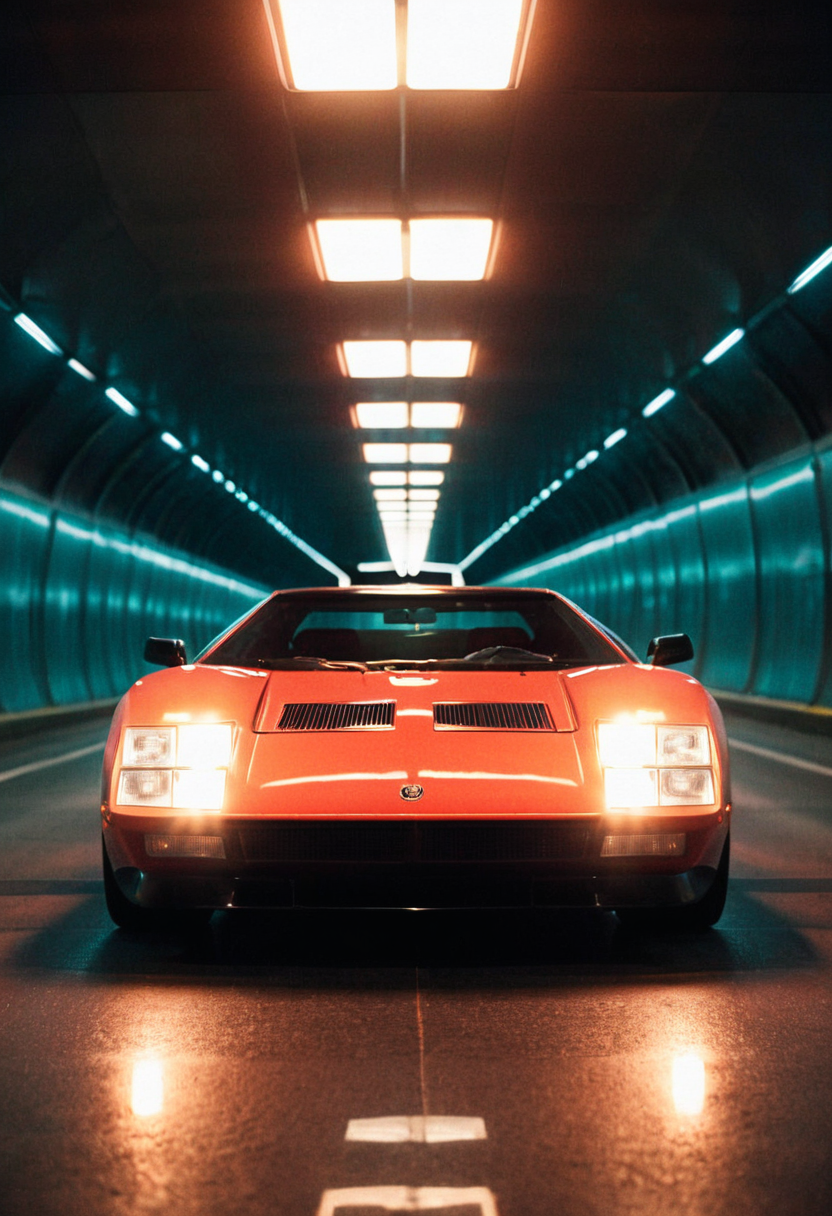 ClassicSportsCar, gleaming prototype, symmetrical front view, tunnel, bright headlights, neon lights, glass background, light reflections, 4K, highly detailed, (stylish grainy analog 35mm film photo)