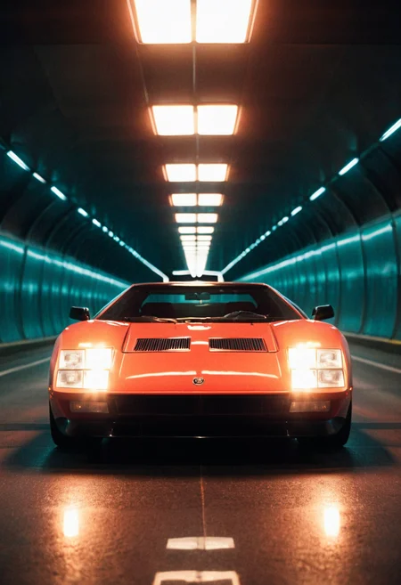 ClassicSportsCar, gleaming prototype, symmetrical front view, tunnel, bright headlights, neon lights, glass background, light reflections, 4K, highly detailed, (stylish grainy analog 35mm film photo)