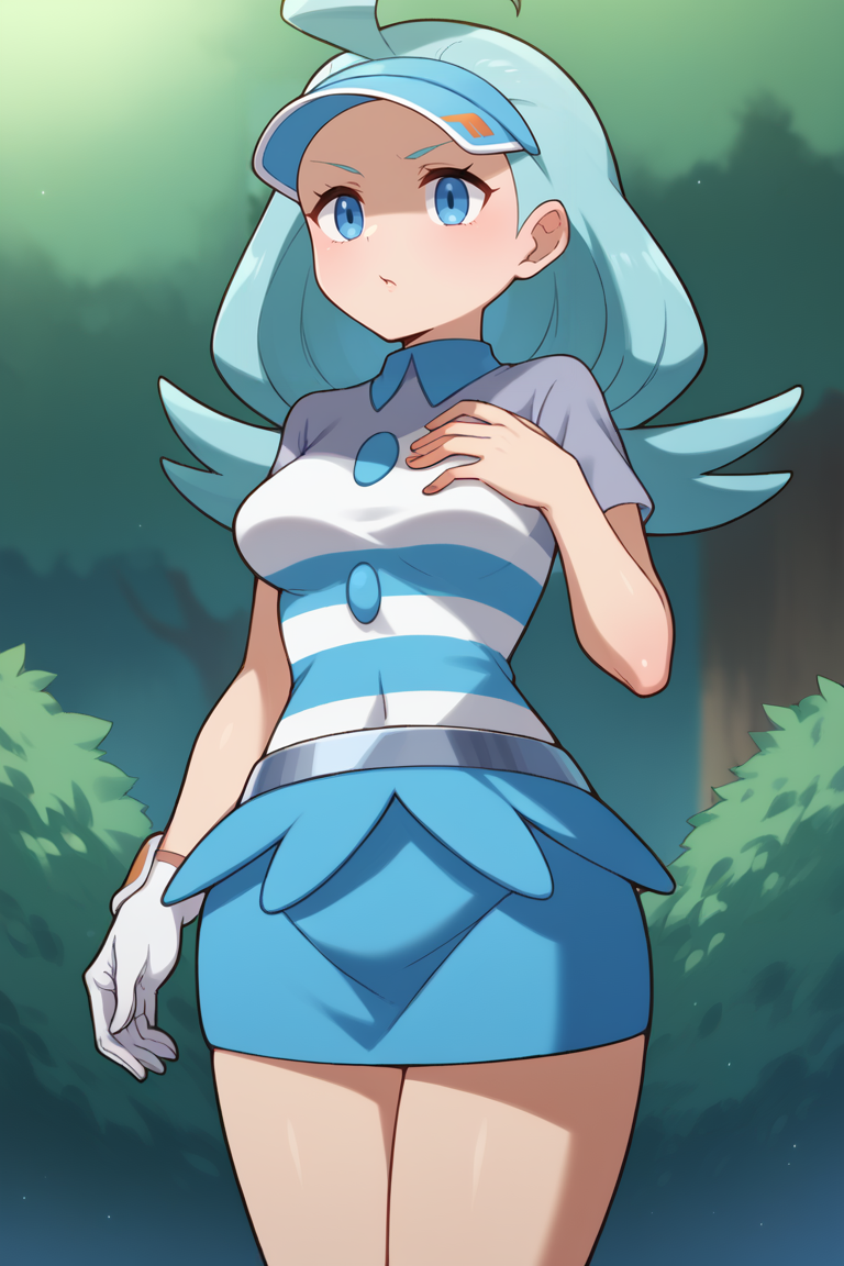 score_9, score_8_up, score_7_up, BREAK, <lora:manyakis-guy-PONYv1:1>, 1girl, solo, breasts,  <lora:pokemon_kahili_ponyXL:0.95> pokemonkahili, ahoge, visor cap, striped shirt, short sleeves, white gloves, single glove, blue skirt, outdoors,