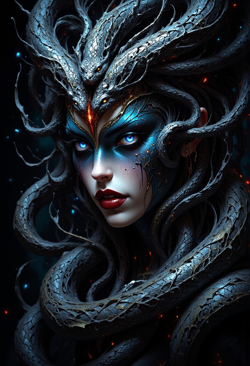 masterpiece, portrait of medusa, stunning goddess with mesmerising piercing bright blue eyes, red lips, and snakes instead of hair, HD32K, wallpaper, hyperdetailed, mythp0rt, ArsMJStyle, dnddarkestfantasy