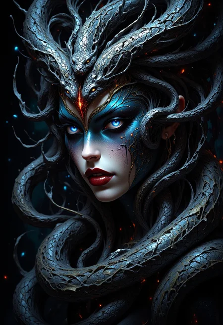 masterpiece, portrait of medusa, stunning goddess with mesmerising piercing bright blue eyes, red lips, and snakes instead of hair, HD32K, wallpaper, hyperdetailed, mythp0rt, ArsMJStyle, dnddarkestfantasy