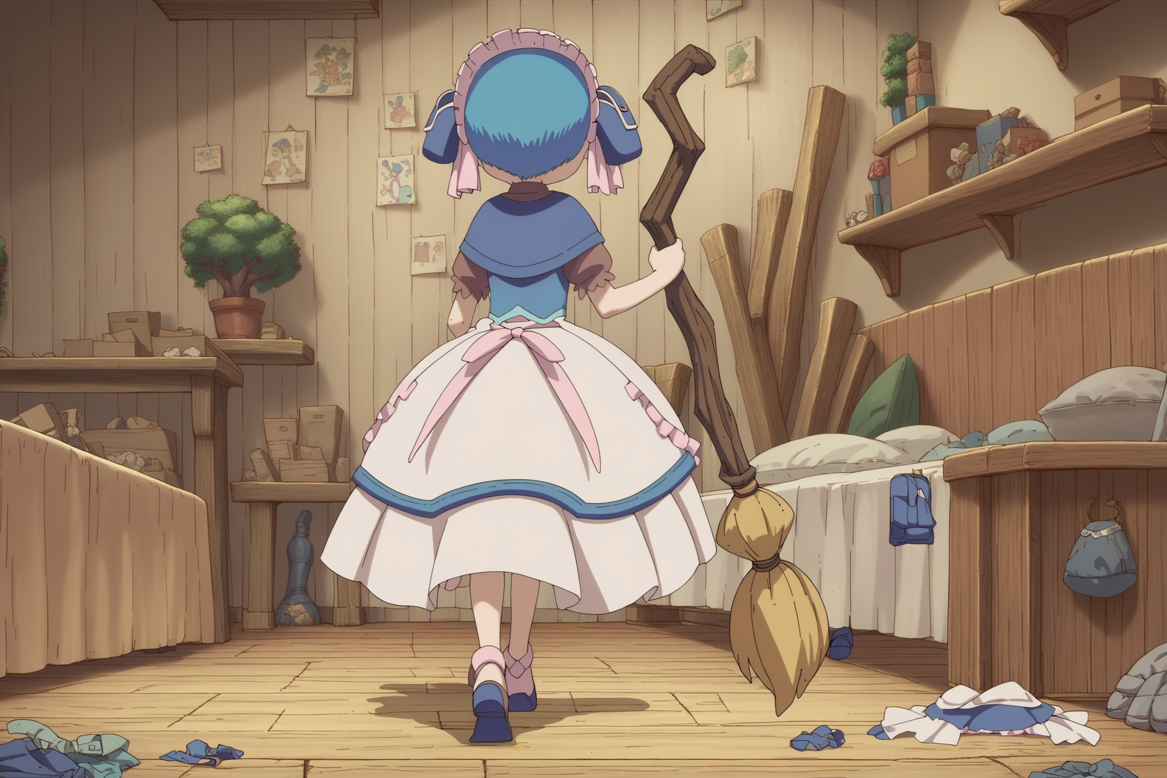 score_9, score_8_up, score_7_up, score_6_up, score_5_up, score_4_up, source_anime, full-length portrait, rear view BREAK mmarulk, male, maid outfit, maid hat, maid shoes, walking, holding broom, crooked broom, bedroom, bed, messy room, discarded clothing, dirt, tree house, wooden floor, box, detailed background, clutter, dynamic, intricate <lora:Made In Abyss - CharactersXL v0.6b-000005:1> <lora:zy_Detailed_Backgrounds_v1:0.75>