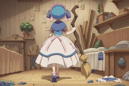 score_9, score_8_up, score_7_up, score_6_up, score_5_up, score_4_up, source_anime, full-length portrait, rear view BREAK mmarulk, male, maid outfit, maid hat, maid shoes, walking, holding broom, crooked broom, bedroom, bed, messy room, discarded clothing, dirt, tree house, wooden floor, box, detailed background, clutter, dynamic, intricate <lora:Made In Abyss - CharactersXL v0.6b-000005:1> <lora:zy_Detailed_Backgrounds_v1:0.75>