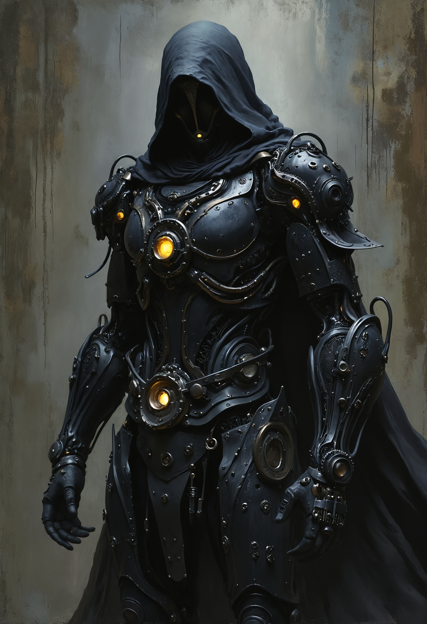 A stealthy warforged assassin in sleek black armor and a shadowy hood, crafted with ultra-realistic detail for a dark fantasy world. This captivating image depicts a menacing steampunk robot in a painting, where each rivet and gear is meticulously rendered in exquisite dark tones. The intricate design shows off the assassin's deadly capabilities, blending advanced technology with a sinister aesthetic that immerses the viewer in a gritty, dystopian atmosphere.