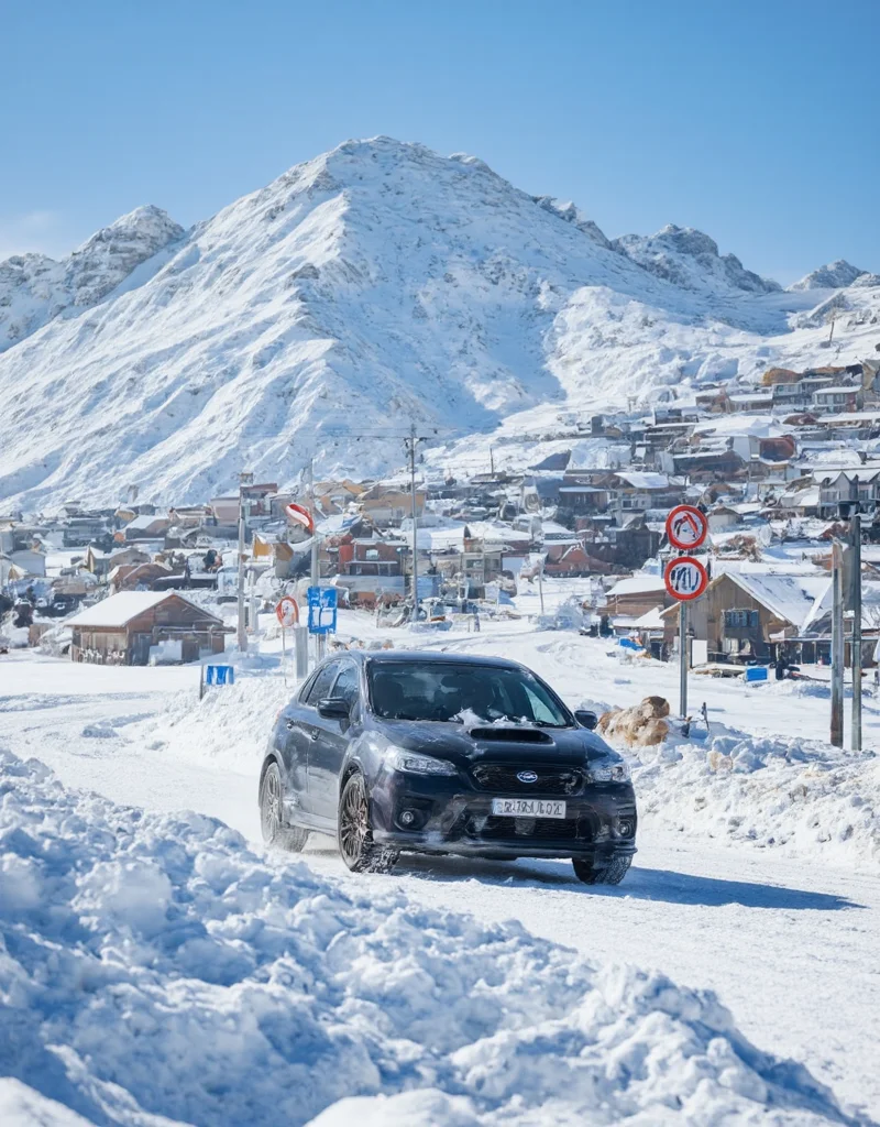 <lora:City_Worlds_01_v1_Roads_flux:1> citybkg, signs, car, mountain, town, snow
