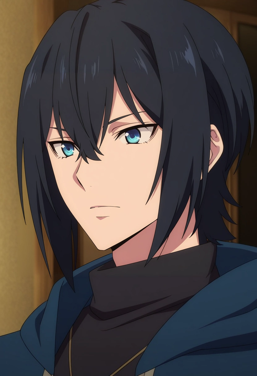 masterpiece, best quality, intricate details, anime screencap, anime coloring, official style,, 1boy, solo, male focus, <lora:ren_amaki_ilxl:1>, ren_amaki, black hair, blue eyes, hair between eyes, ,