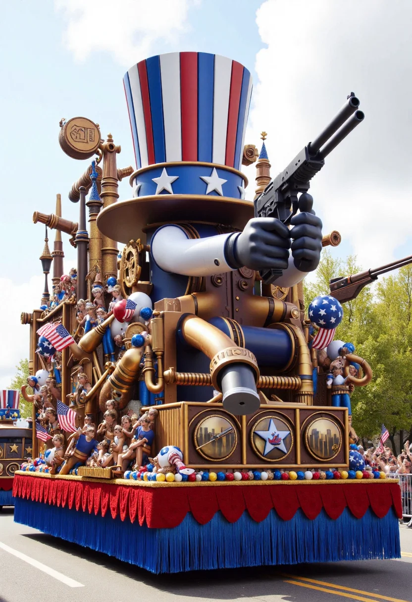 <lora:Parade_Float_Fashioner_FLUX-000005:0.9>
The image is a realistic photograph capturing a vibrant, elaborate patriotic themed parade float with guns all over it.