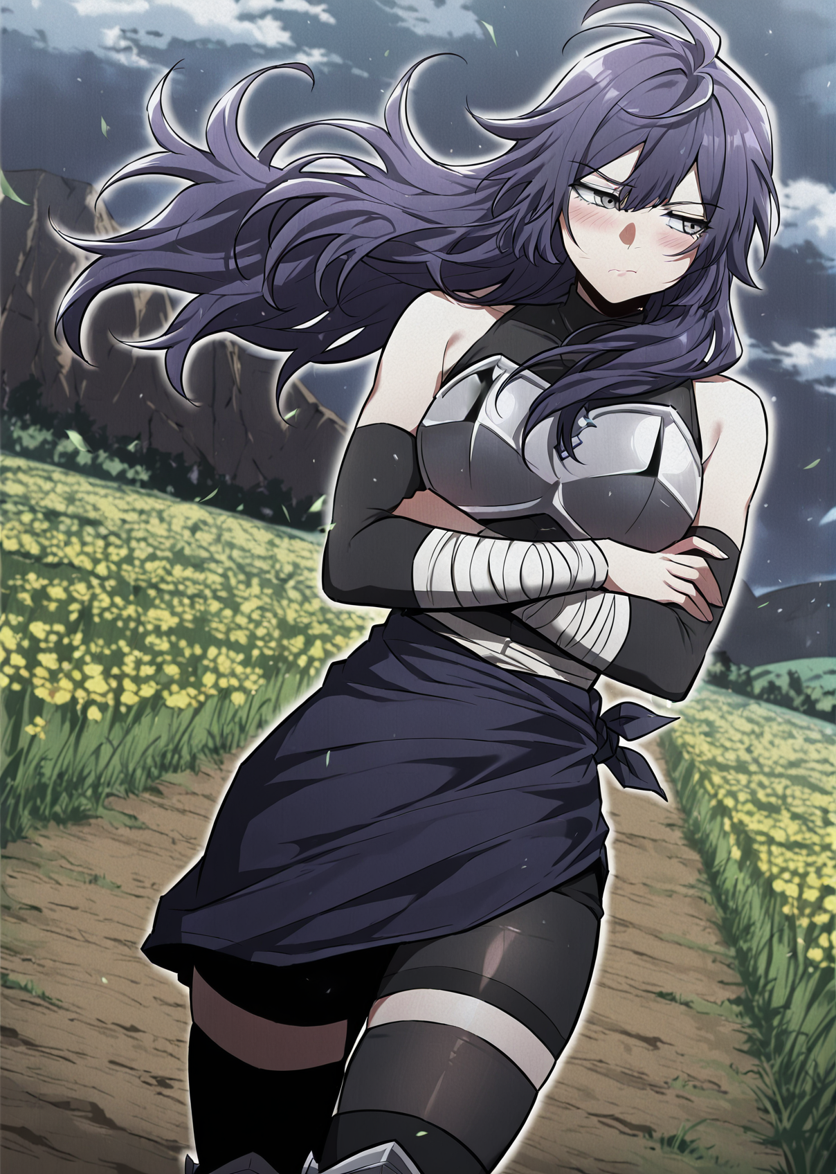 <lora:Lensa__The_Beginning_After_the_End__Illustrious:1>
Lensa, purple hair, dark ninja outfit, long purple hair, messy hair, layered hair, side bangs, gray eyes, 
black sleeveless top, armor chestplate, tied waist cloth, short skirt wrap, thigh-high black stockings, armored knees, athletic build
score_9, score_8_up, score_7_up, very aesthetic, source_anime, detailed, high quality, beautiful, masterpiece, detailed eyes, field, blurry background, pose dynamic angle, upper body, cowboy shot, floating hair, half-closed eyes, arms crossed, looking to the side, pouting, sulking, embarrassed, night