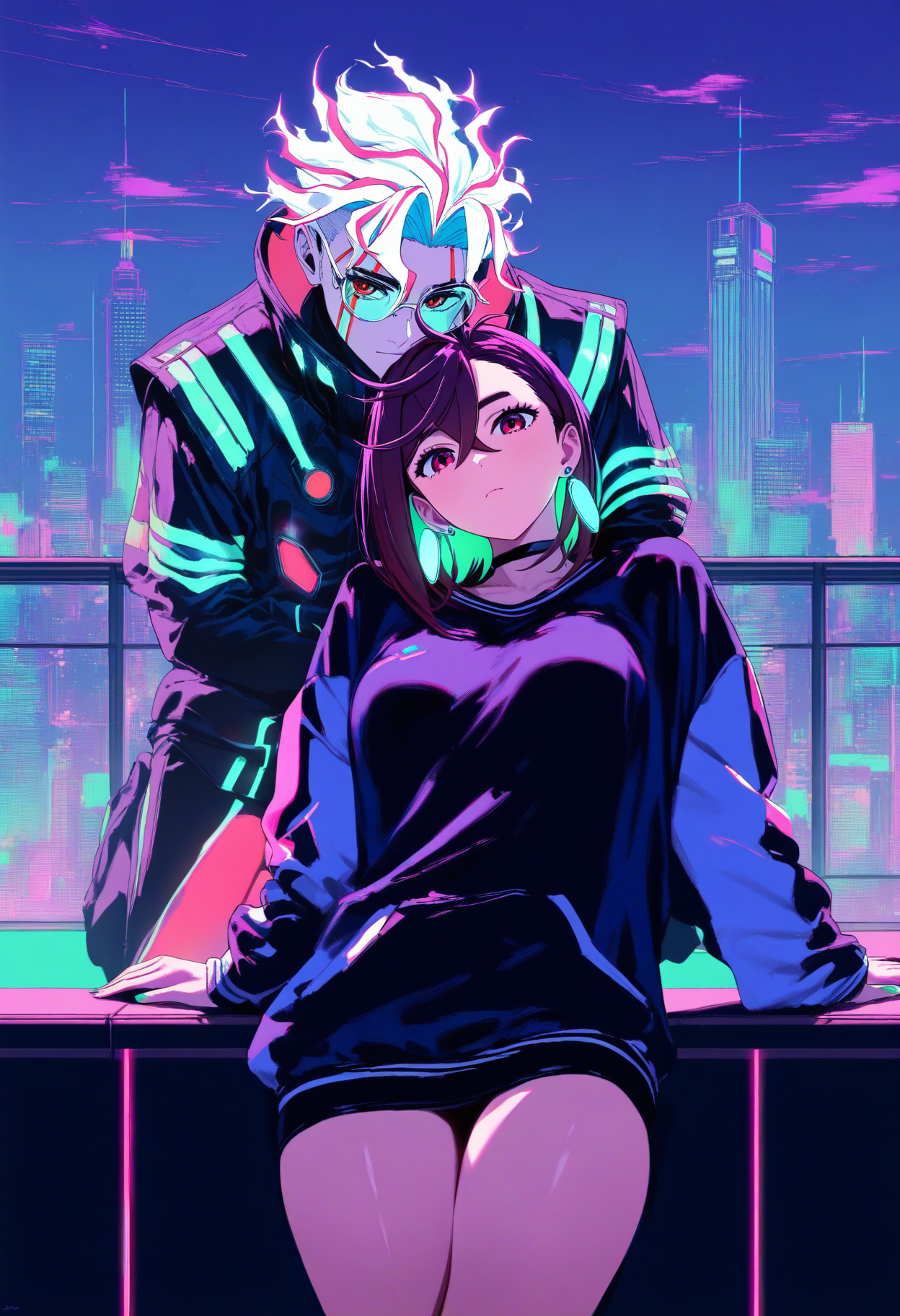 masterpiece, best quality, high score, great score, absurdres, 1boy, 1girl, ayase momo, takakura ken \(dandadan\), dandadan, leaning on person, rooftop, night, cowboy shot, cyberpunk, vaporwave, neon, vibes, vibrant, stunningly beautiful, crisp, detailed, sleek, ultramodern, magenta highlights, dark purple shadows, high contrast