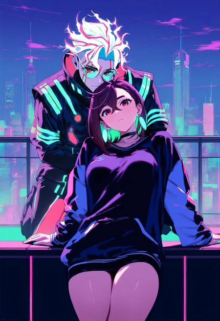 masterpiece, best quality, high score, great score, absurdres, 1boy, 1girl, ayase momo, takakura ken \(dandadan\), dandadan, leaning on person, rooftop, night, cowboy shot, cyberpunk, vaporwave, neon, vibes, vibrant, stunningly beautiful, crisp, detailed, sleek, ultramodern, magenta highlights, dark purple shadows, high contrast