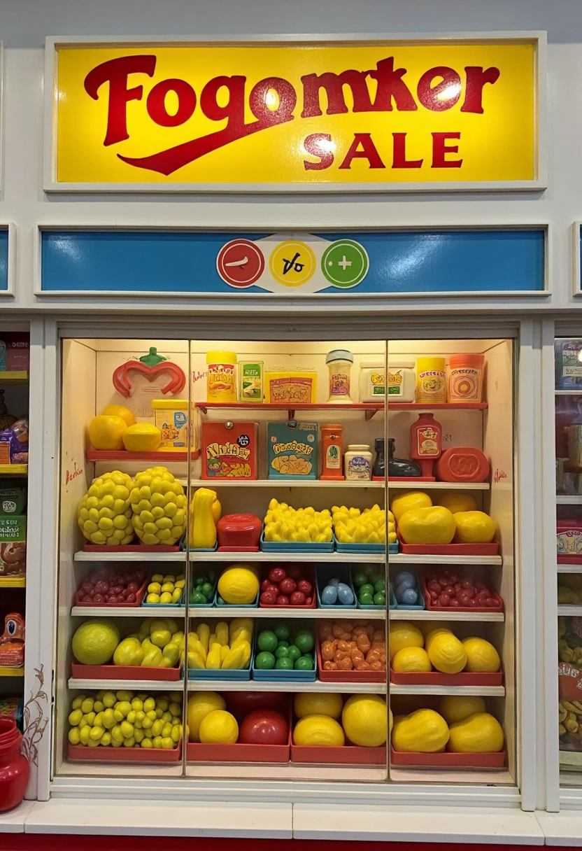 80s fisher price version of a supermarket isle with fruits and vegetables, FP80S style, fisher price 80s style
