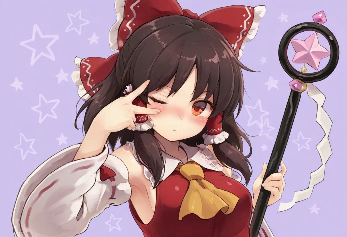 best quality, hires,
hakurei reimu, blush, one eye closed, blink, star, magical girl, staff, V over eye