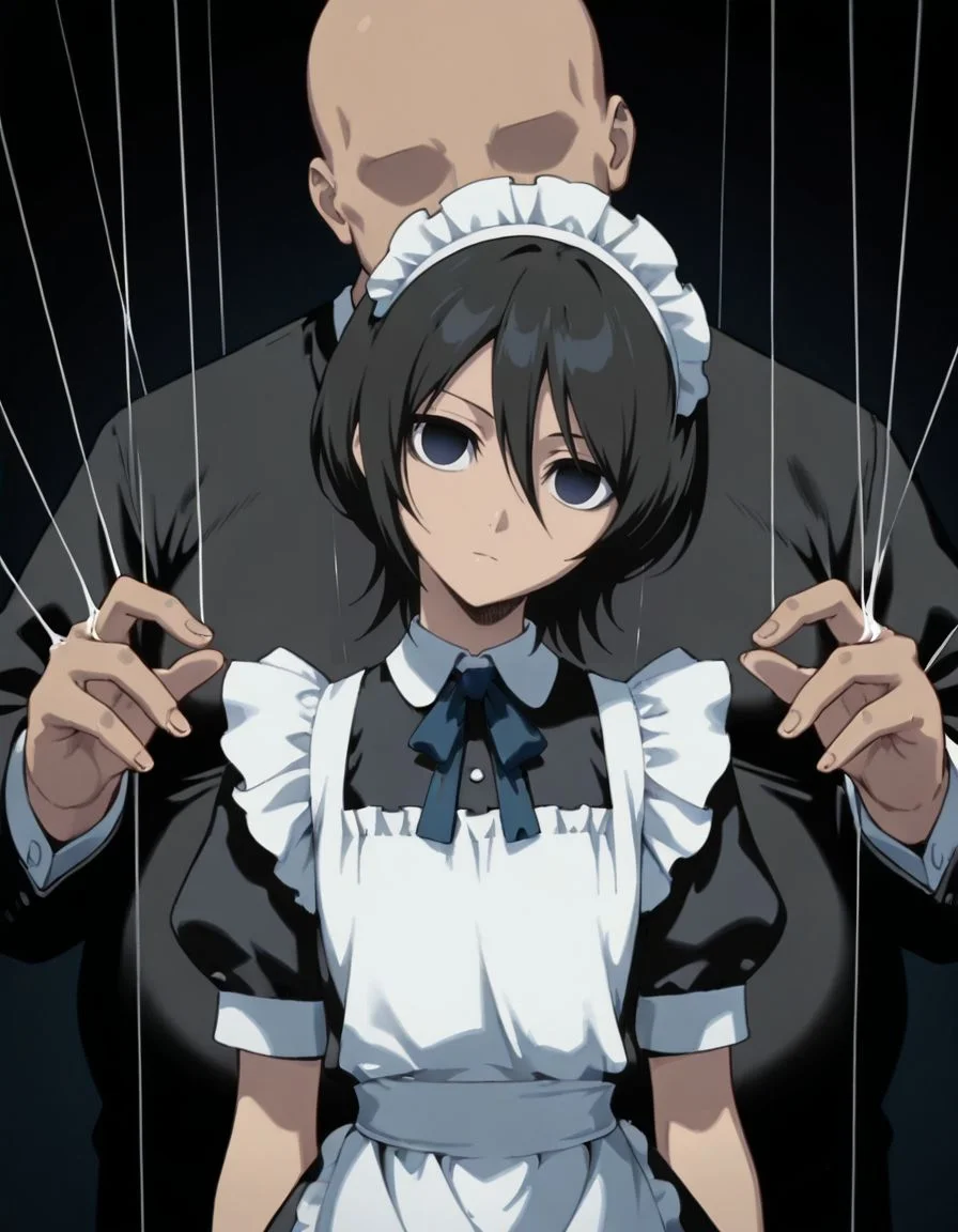 masterpiece, best quality, <lora:Mind_Controlled_Rukia:1>, 4ukia, short hair, black hair, dark blue eyes, expressionless, empty eyes, (head tilt, maid:1.2), upper body, arms at sides, doll strings, a faceless eyeless fat bald man puppeteering a girl, strings coming out of fingers, hands above girl, strings connected to girl, flat chest,