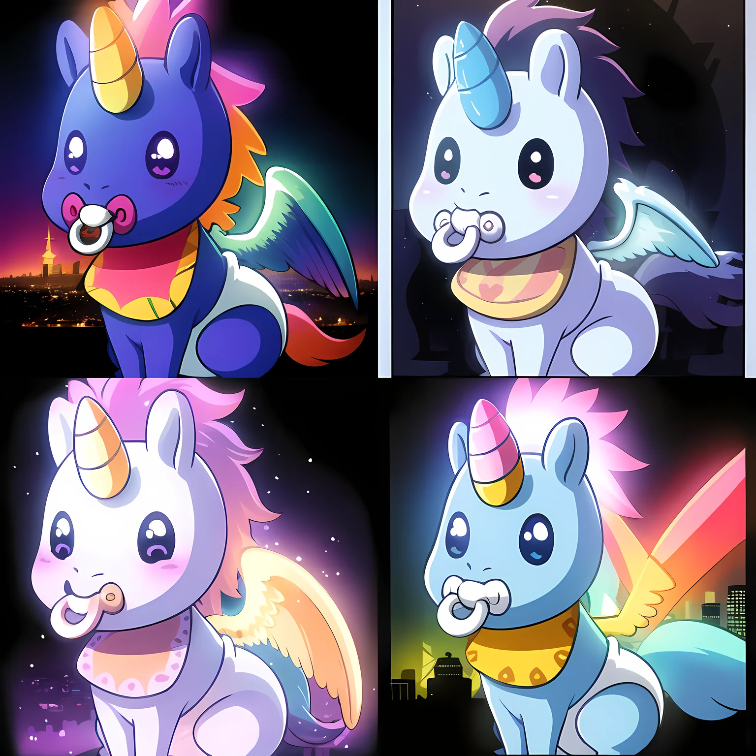 ((masterpiece)), (best quality), 8k, cartoon background, ultra-detailed, absurdress, unicorn, baby unicorn, baby diaper, unicorn using a diaper, hickey, 3d, beautiful ilumination, white eyes, glowing eyes, small body, colorful skin, pony, ultra-detailed background, city on background, city, colorful unicorn, may have wings, <hypernet:aomunstablebabies:0.7>