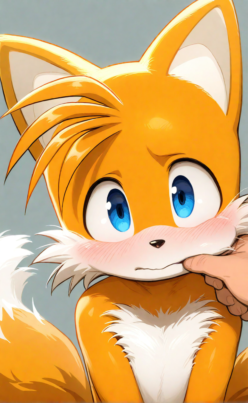 miitara:0.4, dagasi:0.3, drawloverlala:0.5, <lora:ai_styles_collection_noob_vpred-1.0-v4.02:1>, anime coloring, (masterpiece, best quality, very aesthetic, absurdres), 1boy, petite, male focus, tails \(sonic\), two tails, brown fur, sonic \(series\), blush, furry male, fox boy, white gloves, upper body, close-up, cheek pinching, looking at viewer, embarrassed, standing, simple background