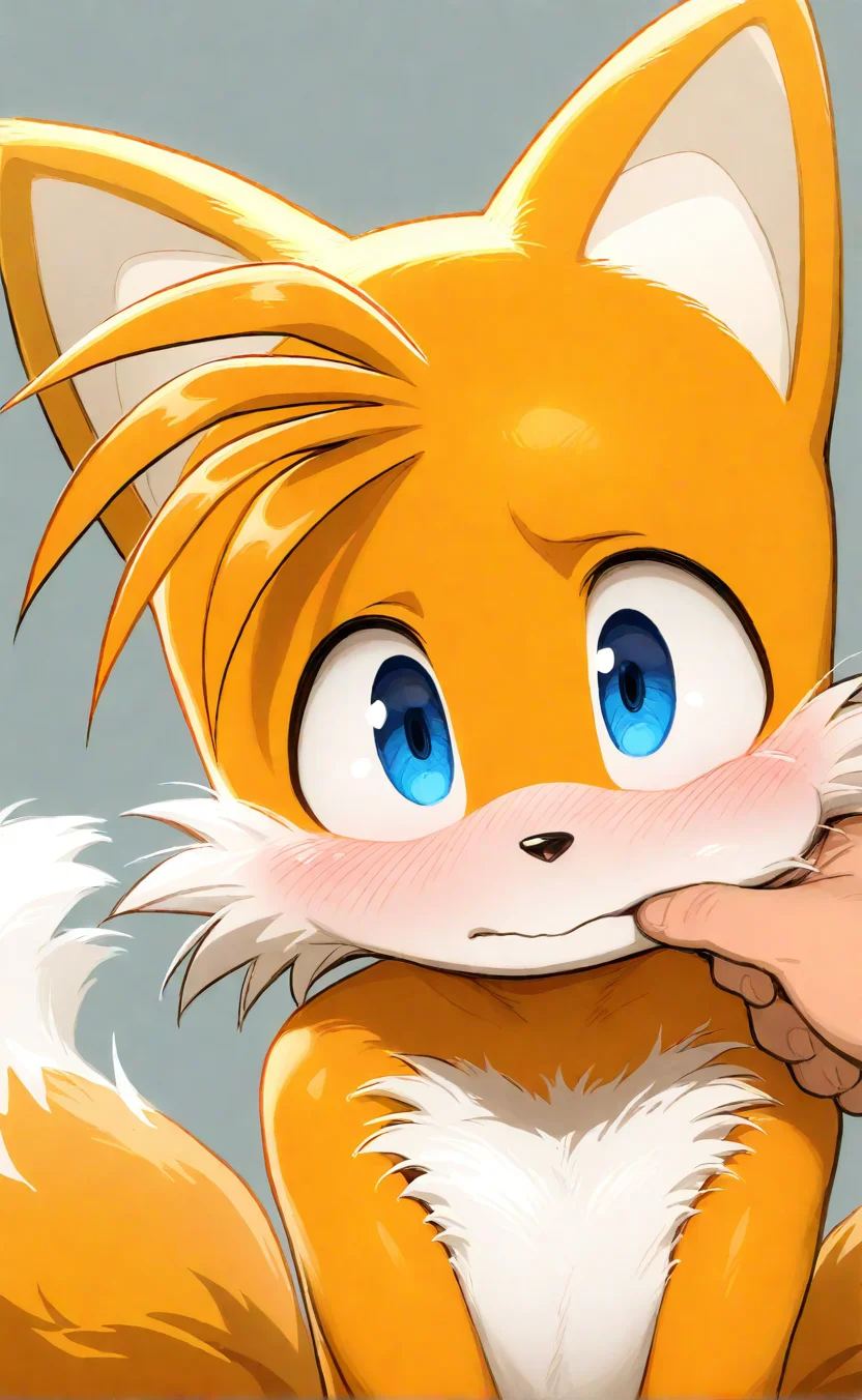 miitara:0.4, dagasi:0.3, drawloverlala:0.5, <lora:ai_styles_collection_noob_vpred-1.0-v4.02:1>, anime coloring, (masterpiece, best quality, very aesthetic, absurdres), 1boy, petite, male focus, tails \(sonic\), two tails, brown fur, sonic \(series\), blush, furry male, fox boy, white gloves, upper body, close-up, cheek pinching, looking at viewer, embarrassed, standing, simple background
