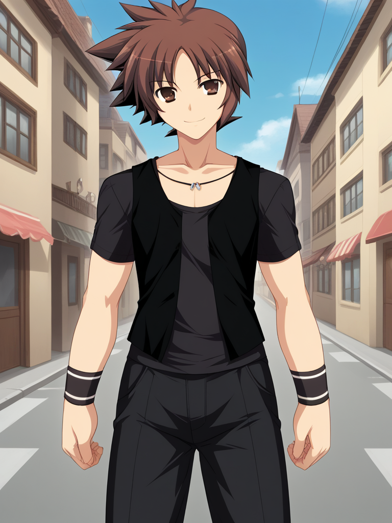 1boy, solo, reijilokiEXAEXSFA, brown hair, spiked hair, brown eyes, t-shirt, vest, wristband, pants, necklace, jewelry, outdoors, town, street, horizon, standing, cowboy shot, looking at viewer, smile,