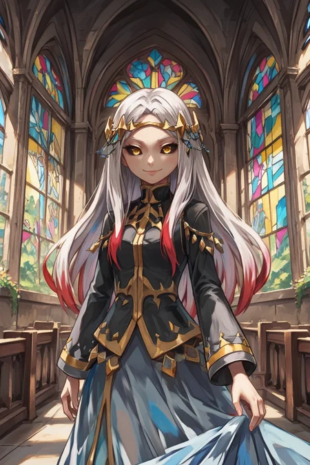 score_9, score_8_up, score_7_up, source anime, BREAK, <lora:Maxwell:0.8> , mxwdef, 1girl, colored sclera, black sclera, yellow eyes, white hair, long hair, multicolored hair, (red highlights), circlet, black dress, black sleeves, gold trim, blue sarong, sarong, see-through sarong, (cowboy shot), looking at viewer, scenery, interior, <lora:backgroundsetXL:0.2> , background, (solo), smile, <lora:hand 4:0.45> , Hand, hands, perfect hands,   <lora:cr33pp41ntXLP:0.6> , cr33pp41nt, <lora:churchXLP:0.2> , stained glass, church, arch,