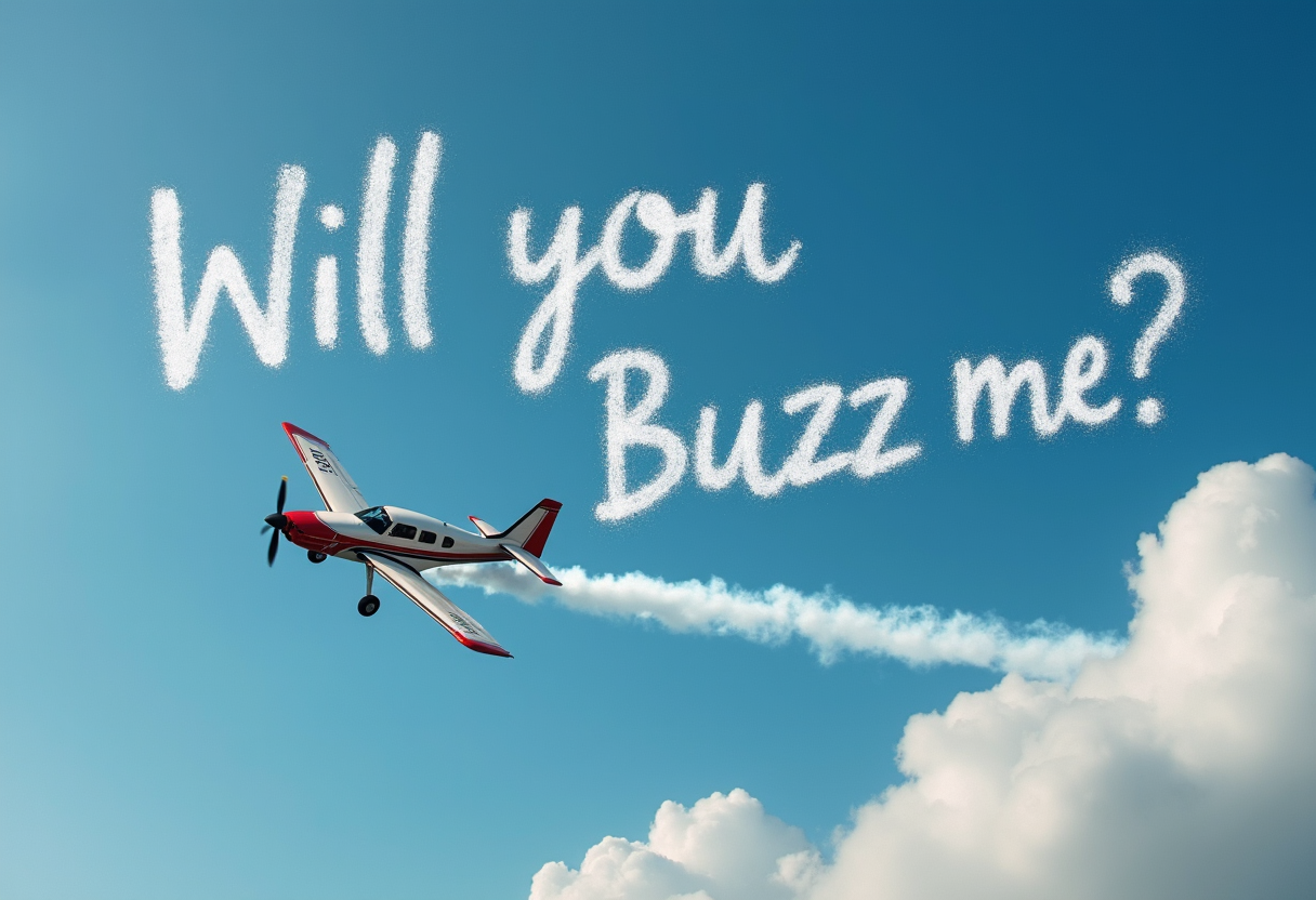 a prop plane doing sky writing that says "Will you Buzz me?"