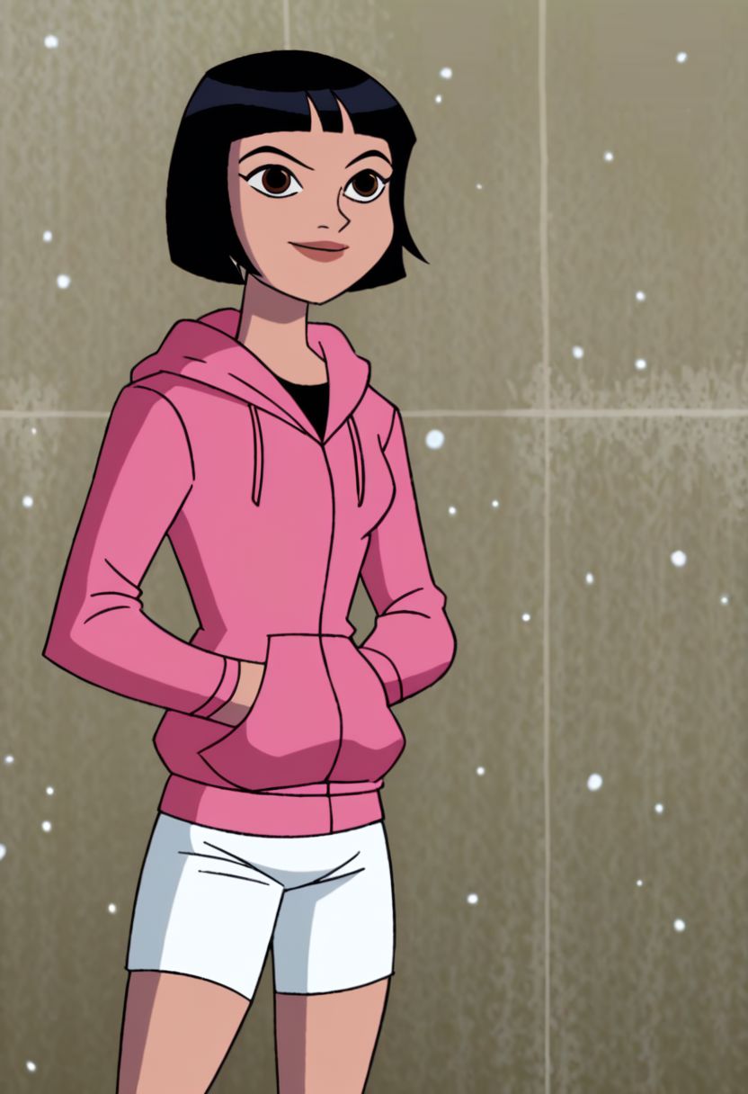 Julie Yamamoto,1girl, solo, snowing,snow,smile,black hair, short hair, brown eyes, lips, pink hoodie, long sleeves, white shorts,hands in pockets,official costume, retro artstyle