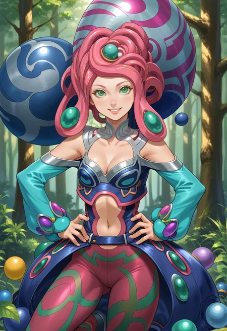 score_9, score_8_up, score_7_up, source_anime BREAK, 1girl, forest, hands on hips, looking at viewer, smile
<lora:zs_NapaeaXL:1> napaeasmt, pink hair, tentacle hair, green eyes, blue dress, detached sleeves, gloves, cleavage, navel cutout, pink pantyhose, balloons