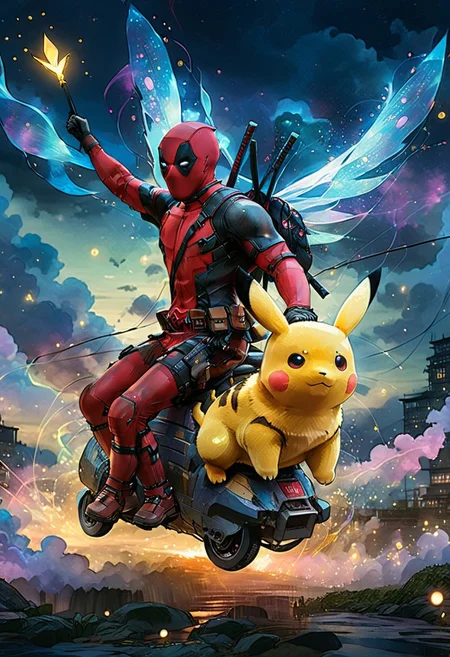 mix of watercolor and oil painting, anime artwork, anime style, studio anime, etheral, motion lines, glowing, Deadpool1024, riding a jumbo pikachu, deep colors, vivid, colorful, fairy tale aethestics, magic, fireflies, cinematic composition, volumetric lighting, volumetric fogs, volumetric dusk, lots of volumetric clouds, cinematic composition, side view, penumbra, celestial, ethereal