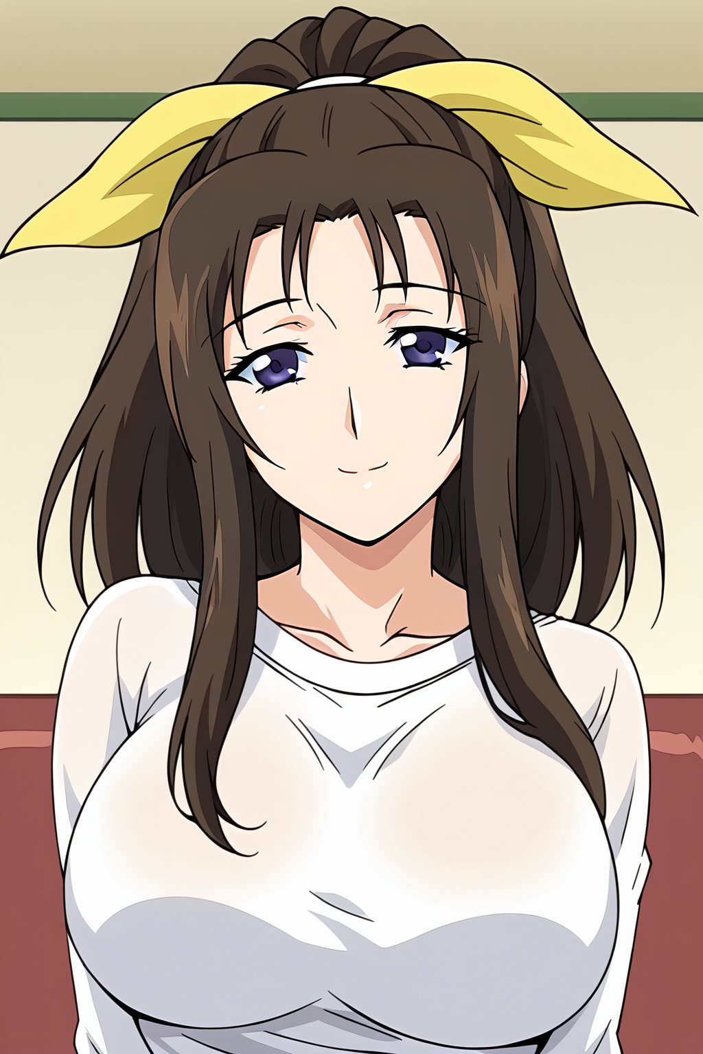 <lora:Shino_Takase-Hypnotism_2:0.8>,Takase,1girl,long hair,brown hair,purple eyes,hair ribbon,large breasts,ribbon,ponytail,shirt,upper body,looking at viewer,smile,indoors