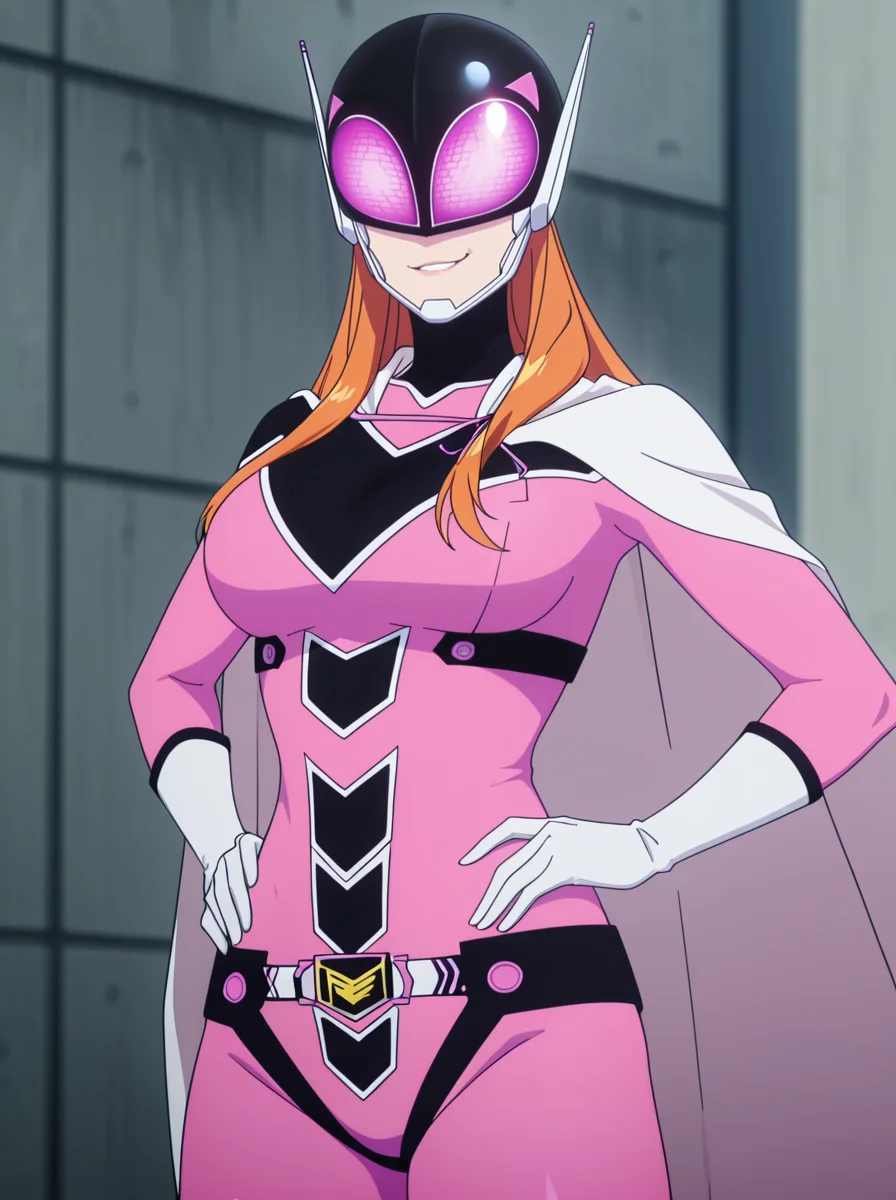 masterpiece, best quality, amazing quality, very aesthetic, absurdres, newest, anime screenshot, anime coloring, <lora:SeseraSakurama:1>1girl, long hair, gloves, , orange hair,keeperbodysuit, cape, helmet pinkeeper thick thighs, smirk smug, hands on own hips, compound eyes,