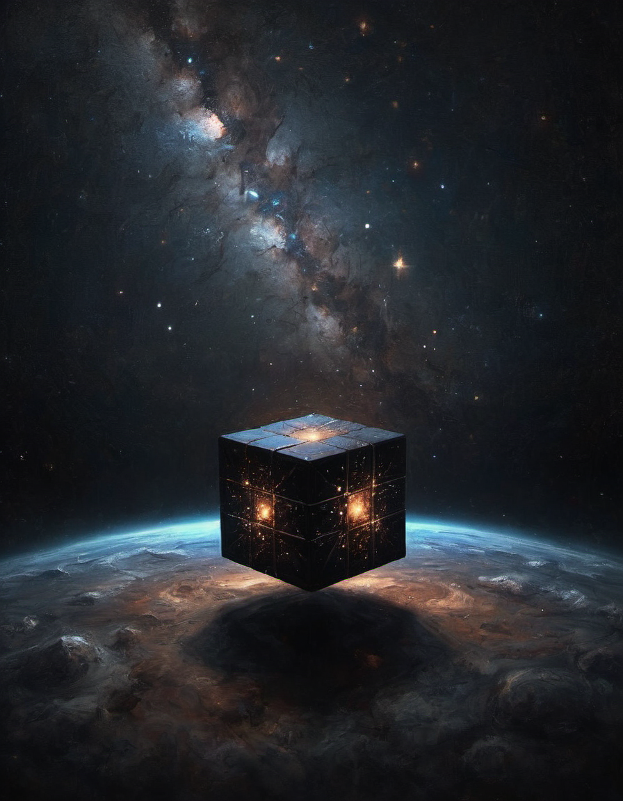 Levitating Cube in space start trek borg cube cinematic beautiful lighting black starry space sky