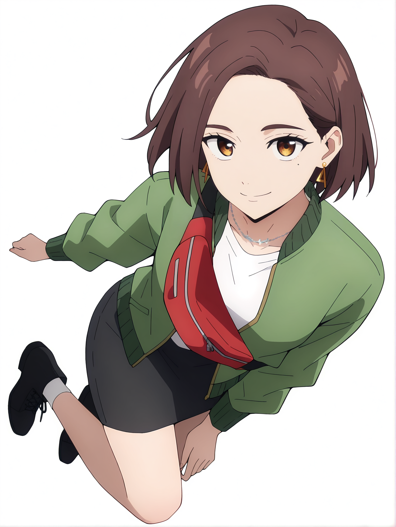 <lora:Kotoha_Tachibana_Characters:0.8>kotoha_tachibana, 1girl, solo, brown eyes, brown hair, short hair, green bomber jacket, white shirt, looking at viewerr, earrings, silver necklace, mole under right eye, red sling bag, black skirt, smile, closed mouth, full body, upper body, ultra dynamic pose, (white background:1.2), white socks, black ankle boots