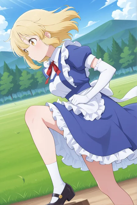 absurdres, highres, masterpiece, best quality, amazing quality, official anime artwork, screencap, anime screencap, outdoors, dynamic pose, 
 <lora:Kana-Anaberal_Illustrious:1> kana anaberal, 1girl, solo, yellow eyes, blonde hair, short hair, sidelocks, medium breasts,, puffy short sleeves, collared shirt, white shirt, blue dress, frilled dress, collared dress, white apron, waist apron, frilled apron, maid apron, elbow gloves, white gloves, frilled gloves, black shoes, mary janes, 
from the side, floating hair,